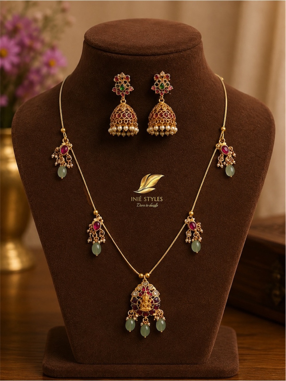 Gold-Tone Green and Pink invisible necklace and jhumka earring Set